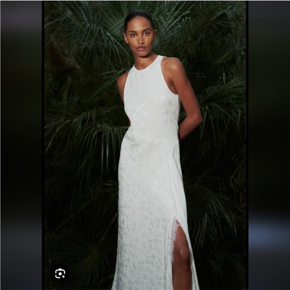 NWT ZARA JACQUARD LACE Maxi white dress size S front slit sleeveless satin